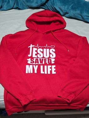SHEIN Red 'Jesus Saved My Life' Graphic Hoodie
